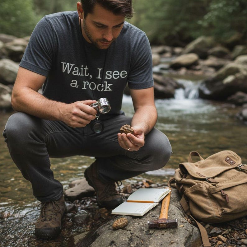 A man crouches on rocks, examining a small object in his hand, with a camera, notebook, and hammer nearby.