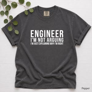 May include: A charcoal gray short-sleeve t-shirt with white text printed on the chest that reads: ENGINEER I'M NOT ARGUING I'M JUST EXPLAINING WHY I'M RIGHT. The shirt features a crew neckline and a garment-dyed finish with a visible brand label.