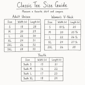 The image is a guide that provides size recommendations for different age groups, including adult males, adult females, women's v-necks, and youth. It includes tables and charts to help users compare the sizes of various shirts.
