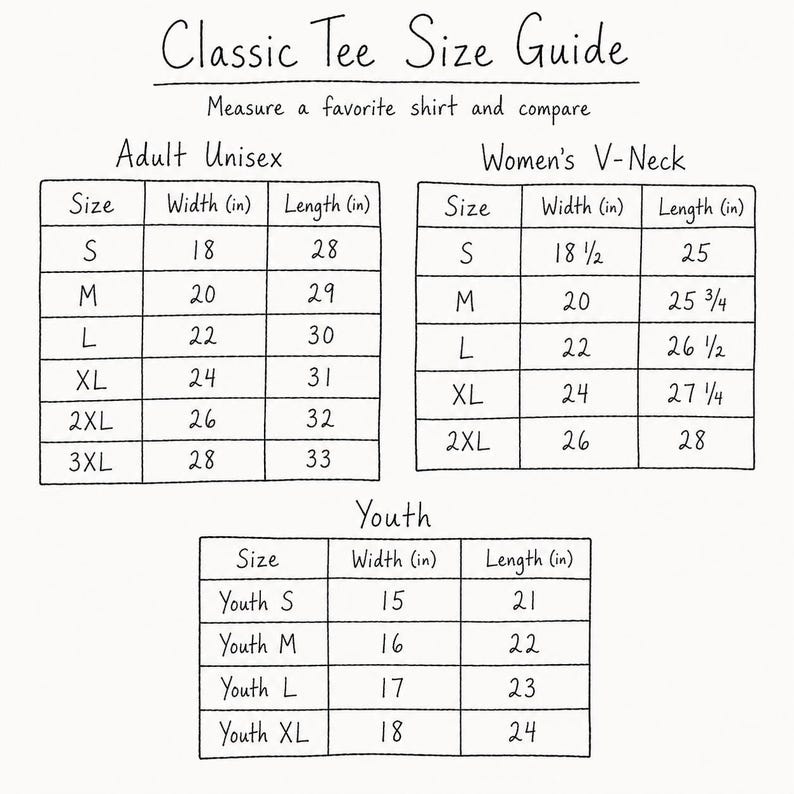 The image is a guide that provides size recommendations for different age groups, including adult males, adult females, women's v-necks, and youth. It includes tables and charts to help users compare the sizes of various shirts.