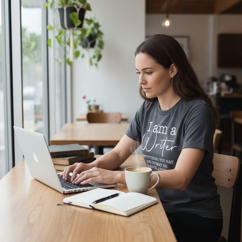 A woman is sitting at a table, working on a laptop computer while holding a coffee mug.