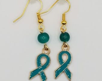 PCOS Awareness Earrings, Ovarian Cancer Awareness Ribbon Earrings, Teal Earrings, Gift for Her, Earrings with Beads, Gift for Women, Jewelry
