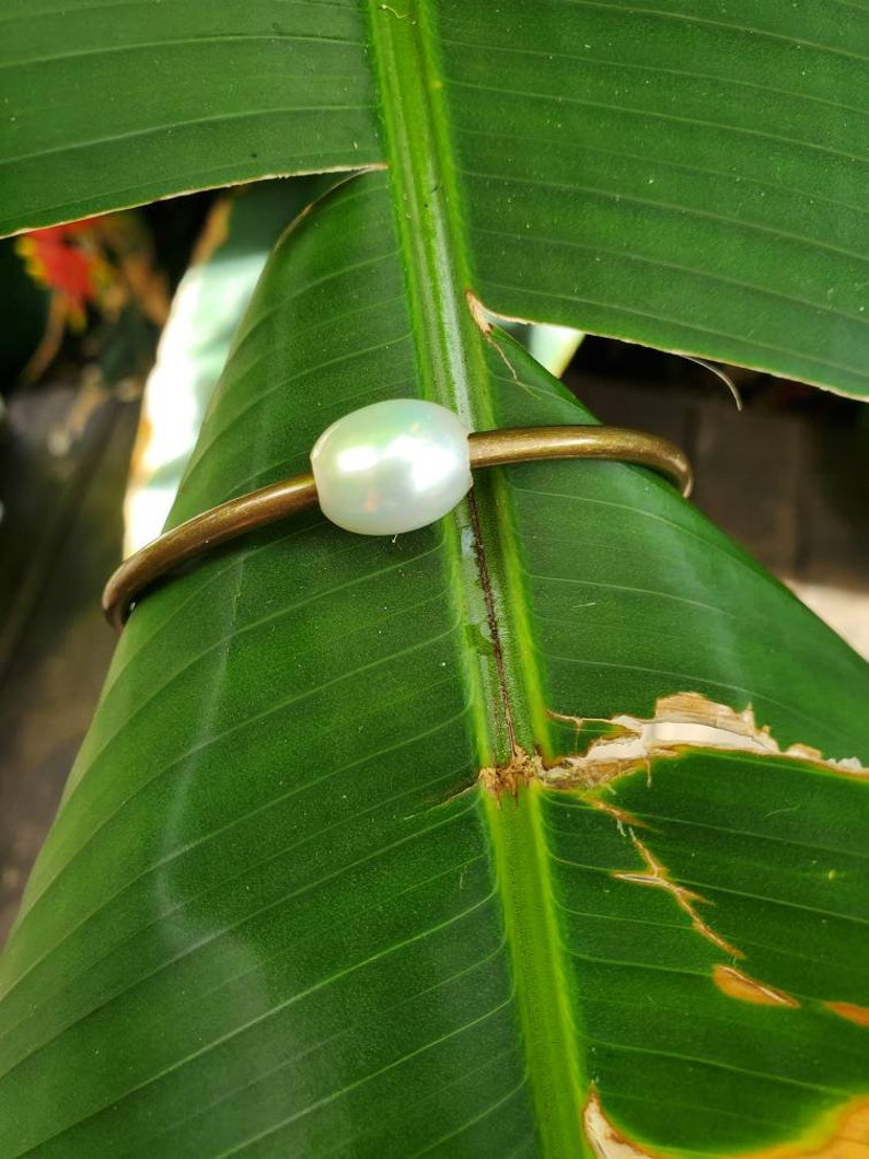 Handmade in Hawaii sustainably and ethically brass and large genuine pearl bangle or cuff stackable bracelet