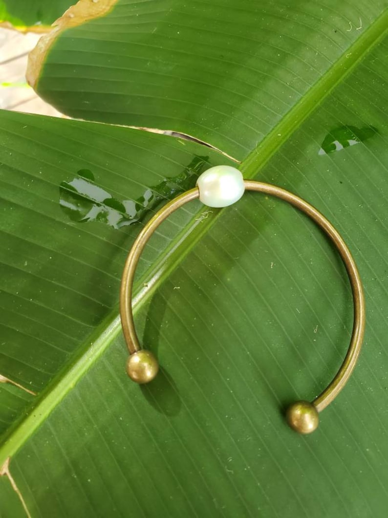 Handmade in Hawaii sustainably and ethically brass and large genuine pearl bangle or cuff stackable bracelet