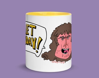Mullet Monday Cartoon Coffee Mug | 80s Humor, Color Accent