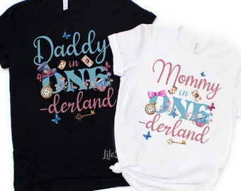 Camisa del Sombrerero Loco de Alicia en el País de las Maravillas, Camisas familiares de cumpleaños de Alicia en ONEderland, Alicia en Onederland, Papá Mamá Alicia en el País de las Maravillas