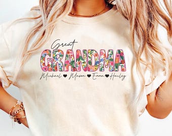 Camiseta personalizada para bisabuela, camiseta floral para bisabuela, camiseta para bisabuela con nombres de los niños, regalo del Día de la Madre para la bisabuela