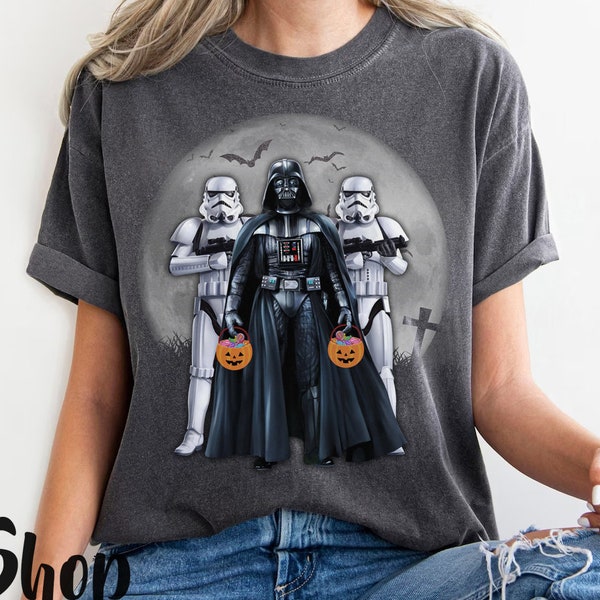 Vintage Star Wars Darth Vader Trick or Treat With Stormtroopers Comfort Color Tee, Disneyland Halloween Party Gift, Halloween Pumpkin Shirt