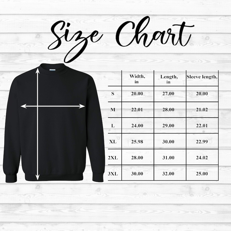 Puede incluir: Tabla de tallas para una sudadera negra con medidas en pulgadas para el ancho, la longitud y la longitud de la manga. Las tallas incluyen S, M, L, XL, 2XL y 3XL.