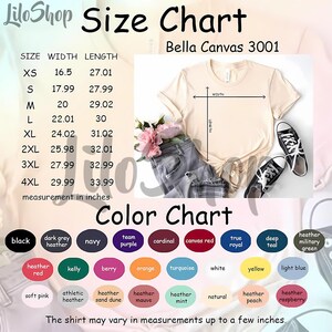 May include: A Bella Canvas 3001 size chart and color chart featuring a light beige t-shirt, grey jeans, and black sneakers. The size chart lists measurements in inches for sizes XS to 4XL. The color chart displays 28 distinct color circles.