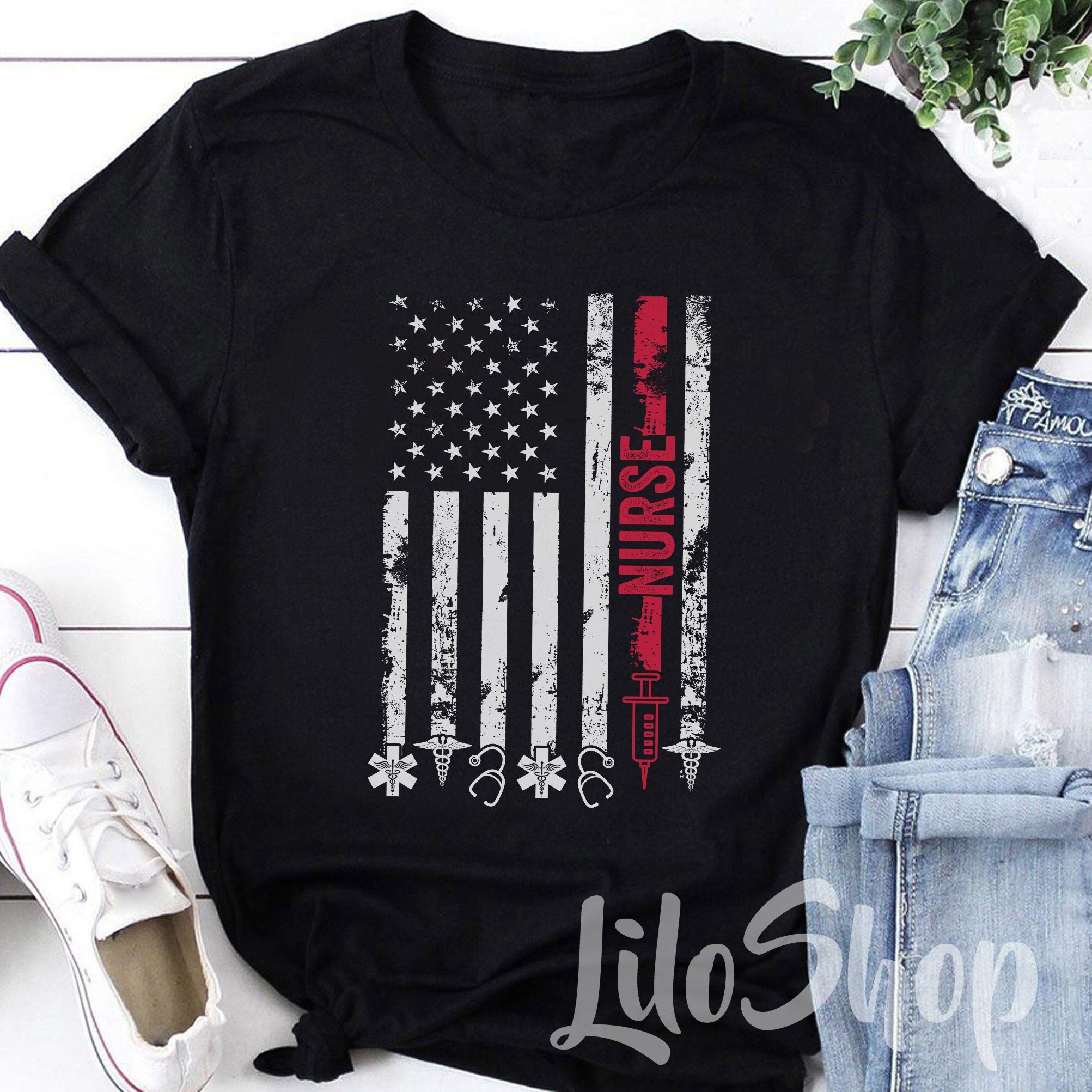 Nurse T Shirt American Flag Etsy