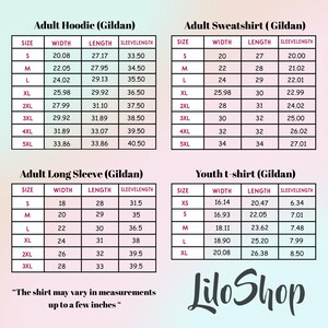 May include: A size chart for Gildan apparel featuring four tables for Adult Hoodie, Adult Sweatshirt, Adult Long Sleeve, and Youth t-shirt. Each table lists sizes from XS to 5XL with width, length, and sleeve length measurements in inches.