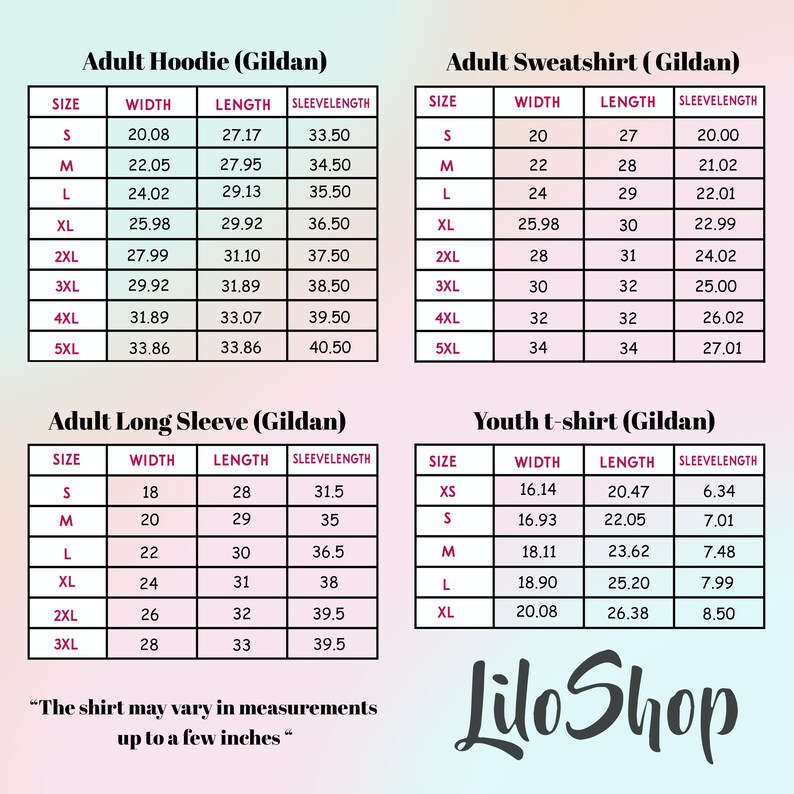 May include: A size chart for Gildan apparel featuring four tables for Adult Hoodie, Adult Sweatshirt, Adult Long Sleeve, and Youth t-shirt. Each table lists sizes from XS to 5XL with width, length, and sleeve length measurements in inches.