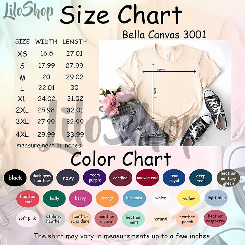May include: A Bella Canvas 3001 size chart and color chart featuring a light beige t-shirt, grey jeans, and black sneakers. The size chart lists measurements in inches for sizes XS to 4XL. The color chart displays 28 distinct color circles.