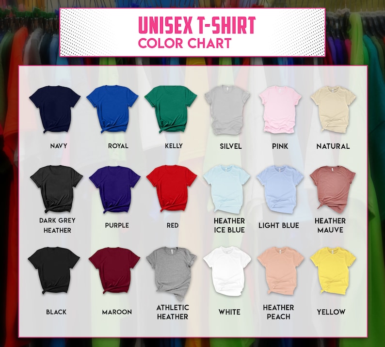 Puede incluir: Carta de colores para camisetas unisex que muestra 18 colores diferentes. Los colores incluyen azul marino, azul real, verde kelly, silvel, rosa, natural, gris oscuro jaspeado, morado, rojo, azul hielo jaspeado, azul claro, malva jaspeado, negro, granate, jaspeado atl&eacute;tico, blanco, melocot&oacute;n jaspeado y amarillo.