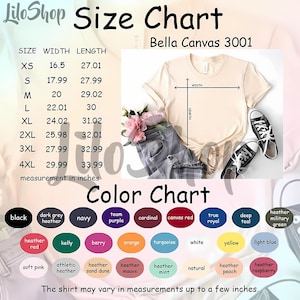 May include: Size and color chart for Bella Canvas 3001 t-shirts. The chart shows measurements in inches for sizes XS to 4XL. A color chart displays various colors, including black, navy, and heather red. The shirt may vary in measurements.