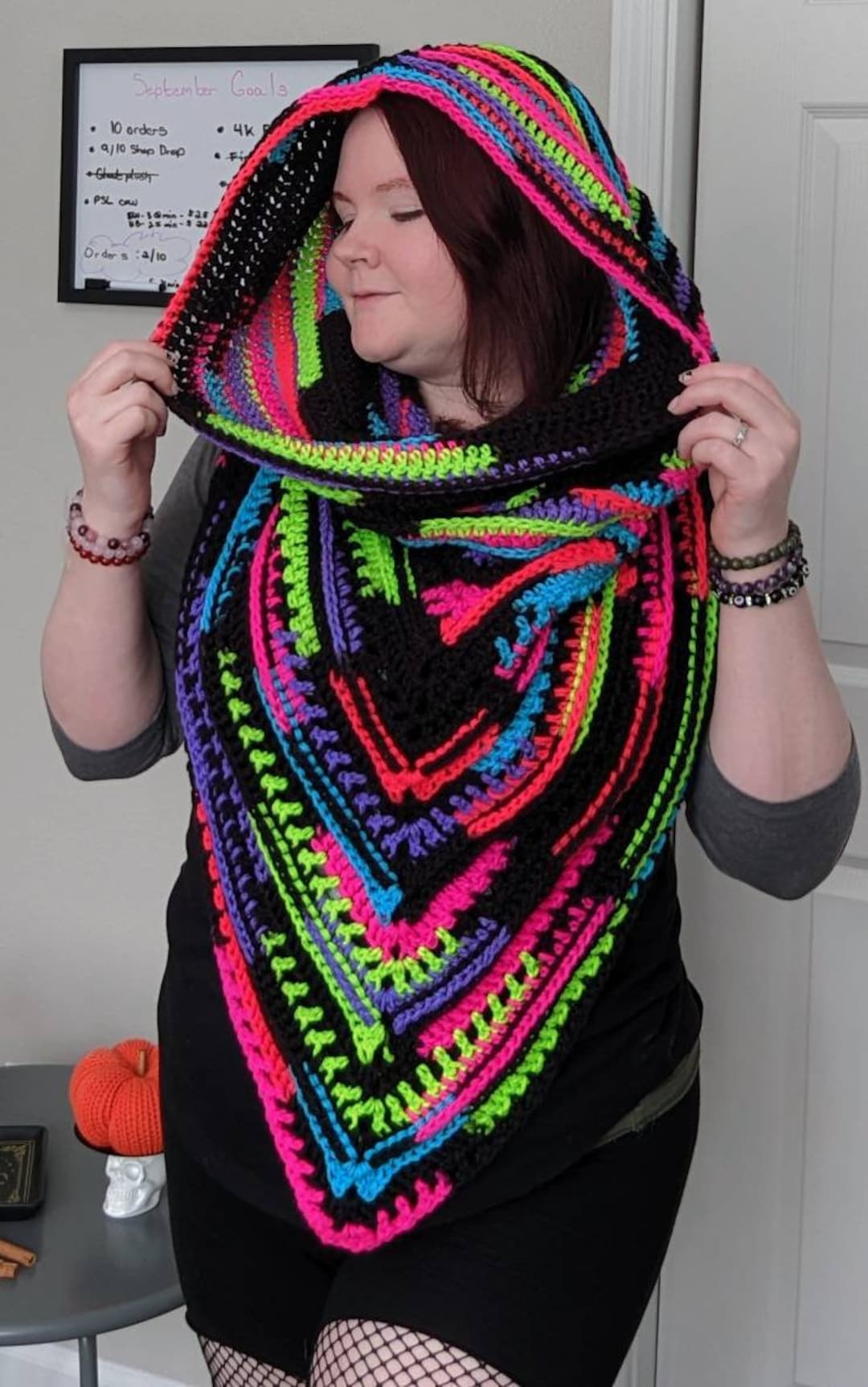 Crochet Hooded Scarf: Neon Rainbow Splatter, Pagan Viking Hood - Etsy