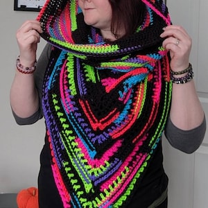 Strange Magic Crochet Hooded Scarf -  Pagan Clothing, Viking Hood, Gothic Hood, Spooky, Neon Rainbow and Black, Pop Punk paint splatter