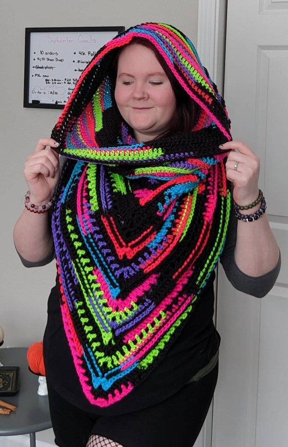 Crochet Hooded Scarf: Neon Rainbow Splatter, Pagan Viking Hood - Etsy