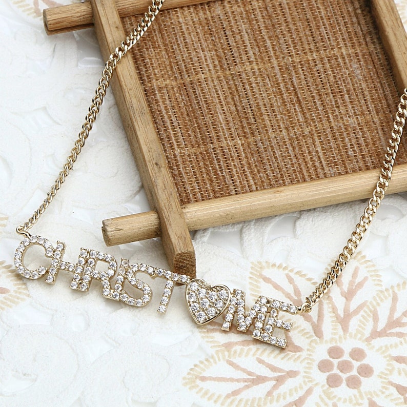 Custom Crystal Nameplate Diamond Name Necklace Tiny Women Pendant Gold Gift For Her Name Necklace CZ Zircon Gemstones Dainty Raw Gem