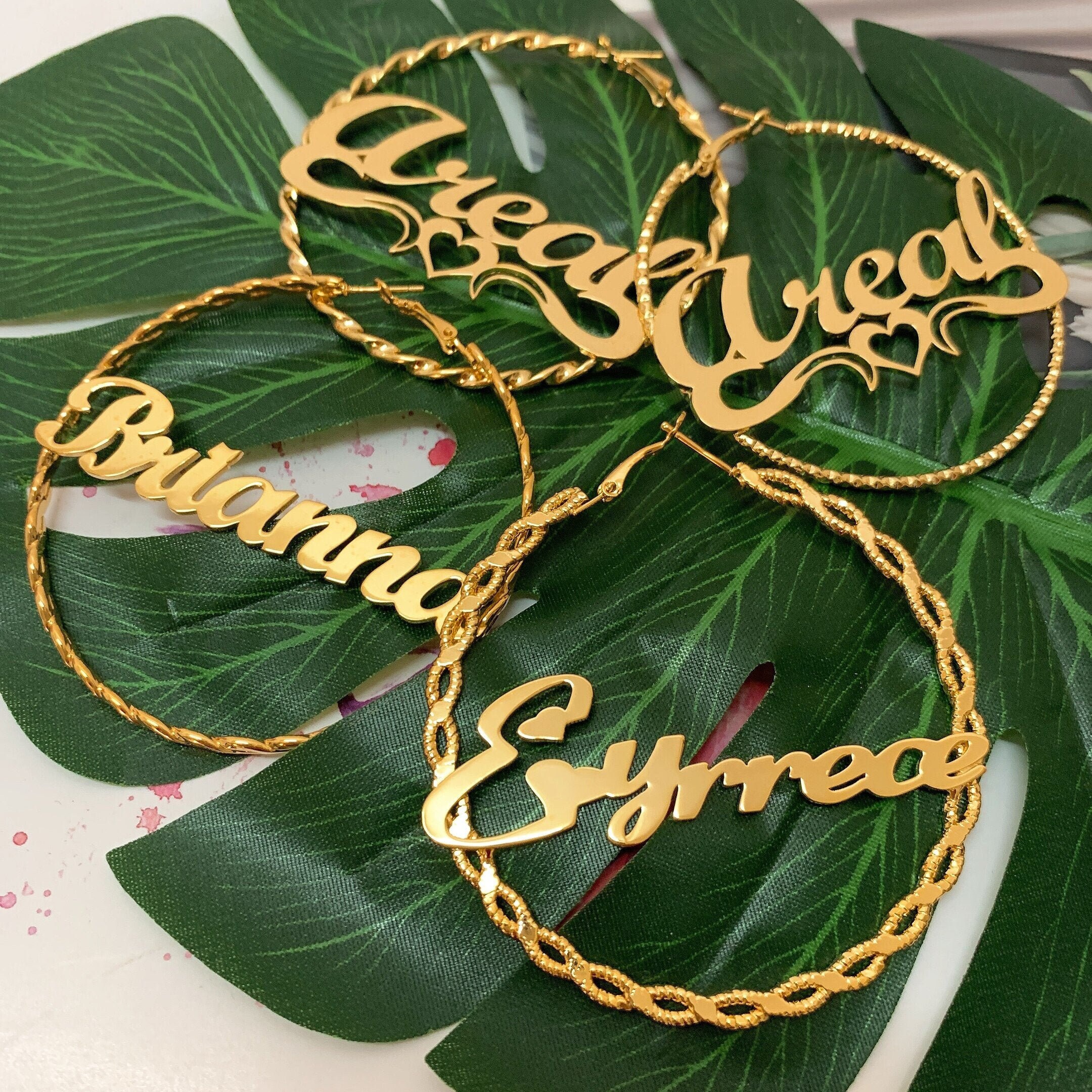 Hoop Earrings Twisted Circle Earrings Name Hoops Gold Etsy