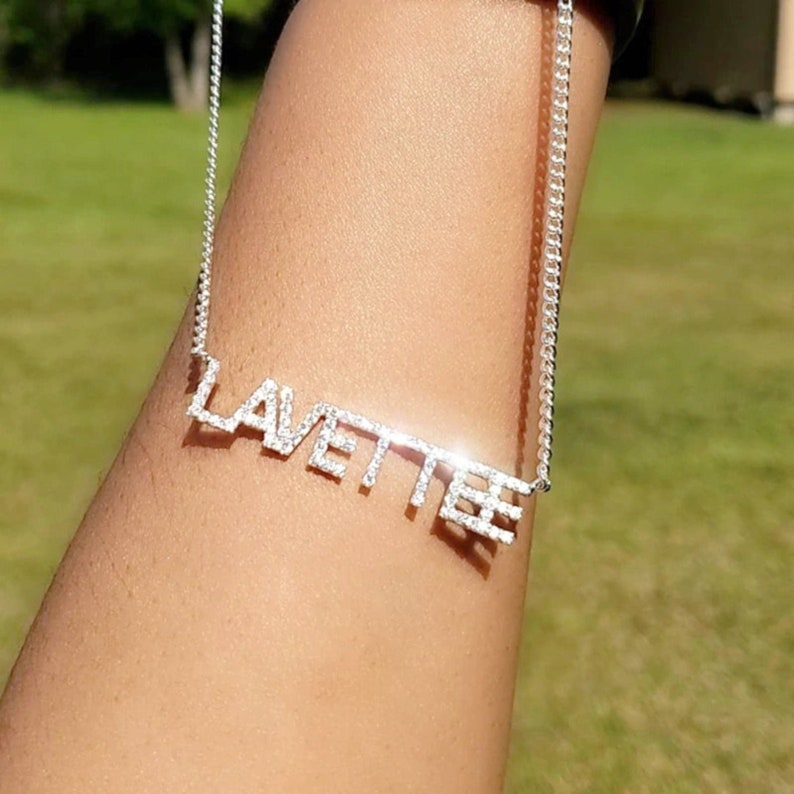 Custom Crystal Nameplate Diamond Name Necklace Tiny Women Pendant Gold Gift For Her Name Necklace CZ Zircon Gemstones Dainty Raw Gem