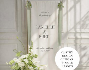 Custom Fabric Wedding Welcome Sign - Cotton Linen Look, Modern, Minimalist Wedding Decor, Baby Shower & Event Sign with Gold Stand Option