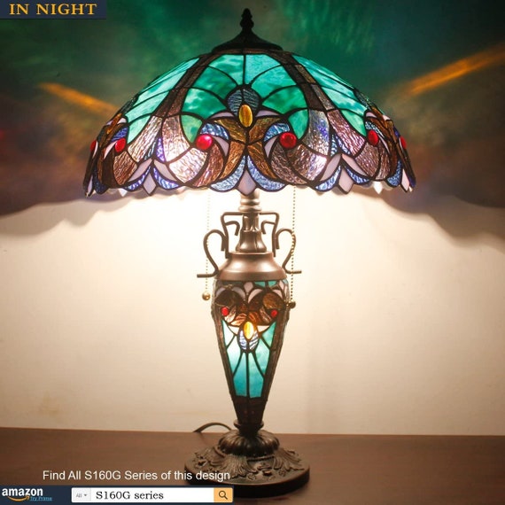 Handmade Stained Glass Lamp 3 Light W16 H24 Inch Tiffany Style Green Liaison Table Night Light for Living Room Bedroom Home Decoration