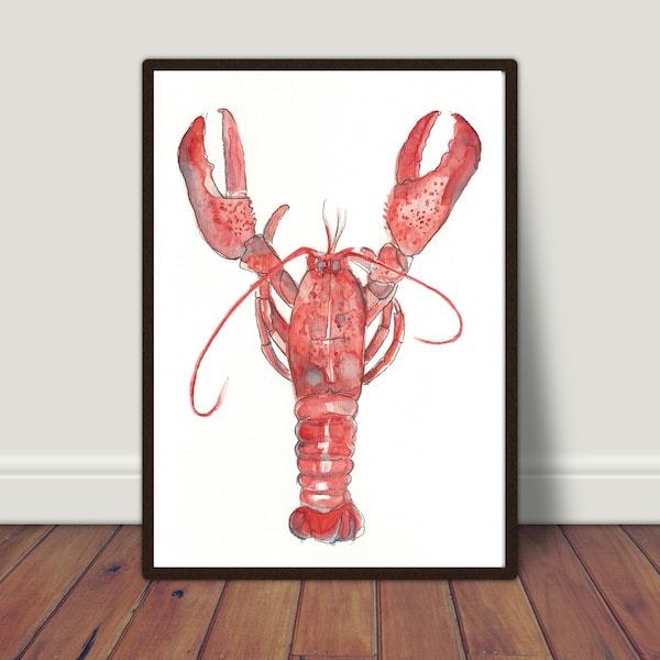 Lobster picture poster A4 21 x 30 cm with watercolor print decoration gift colorful animals sea ocean maritime animal picture crayfish kitchen cooking red lobster