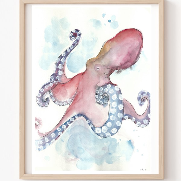 Octopus picture poster A4 21 x 30 cm with watercolor print decoration gift colorful animals sea octopus squid octopus children's room animal picture cute