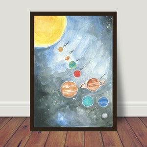 Póster del sistema solar A4 21 x 30 cm ilustración astronomía decoración acuarela impresión alemán regalo cosmos habitación infantil planetas