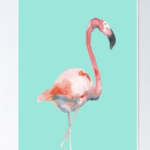 Póster con imagen de flamenco A4 21 x 30 cm con impresión de acuarela, decoración, regalo, animales coloridos, mar, habitación infantil, imagen de animal marítimo, rosa, turquesa, pájaro caribeño