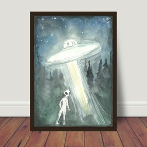 UFO Alien Picture Poster A4 21 x 30 cm Astro Watercolor Print Decoration Hand-painted Colorful Animals Extraterrestrials Cosmos Universe Science Fiction Black Forest