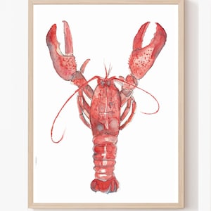 Affiche photo de homard A4 21 x 30 cm avec impression aquarelle cadeau décoratif animaux colorés mer océan image d'animaux maritimes écrevisse cuisine cuisine homard rouge