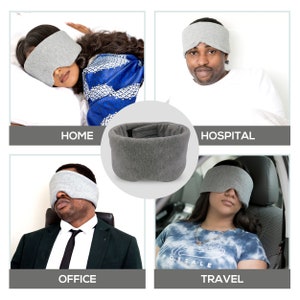 May include: A gray sleep mask with a strap that can be worn around the head. The mask is shown in four different settings: home, hospital, office, and travel.