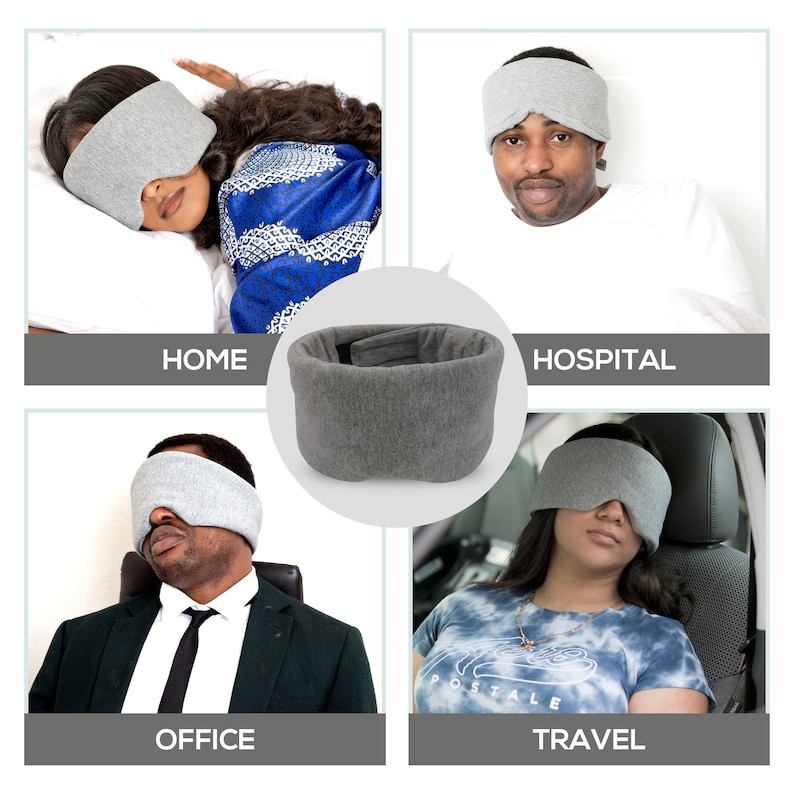 May include: A gray sleep mask with a strap that can be worn around the head. The mask is shown in four different settings: home, hospital, office, and travel.