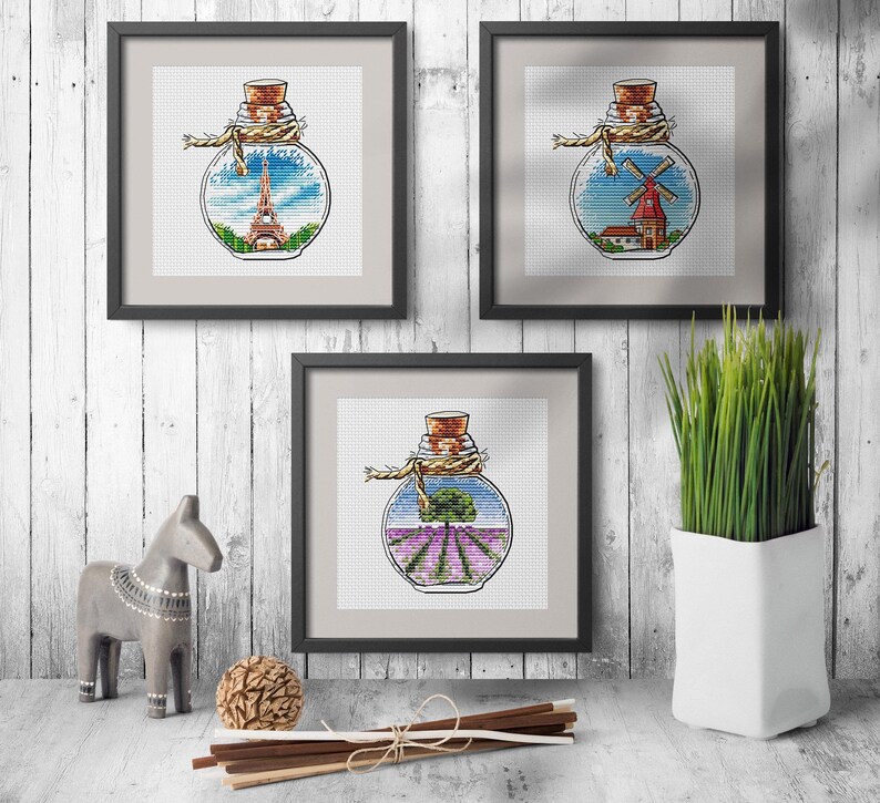 Bottle Cross Stitch Pattern Pdf Set Of 3 Eiffel Tower Paris Cross Stitch Mill Lavender Field France Cross Stitch Chart Patterns Kits How To Puhlsphotography Com