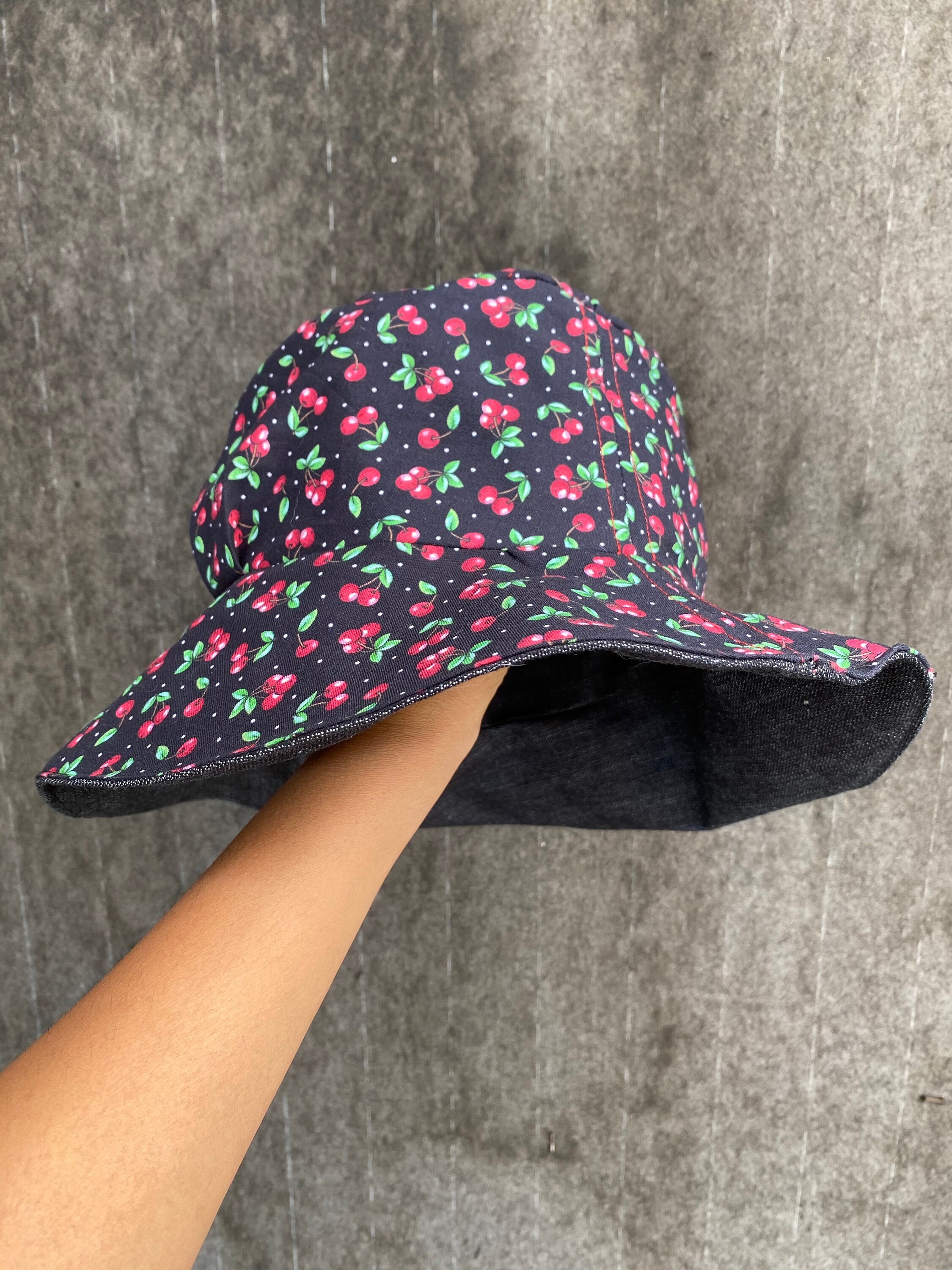 Reversible Cherry Polka Dot and Denim Bucket Hat - Etsy display picture 3