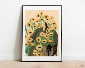 Sunflower love | Art print size A4 or A3 | Living room or bedroom wall decor