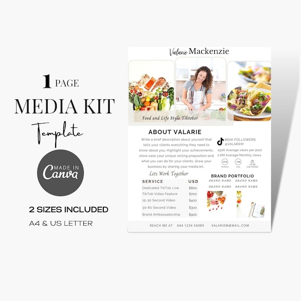 1 Page Food Blogger Media Kit Template, Canva Influencer Media Kit, Blog Rate Card, Press Kit Template, Tiktok Foodie Media Kit, Grey