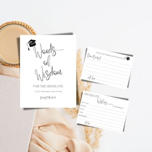 Palabras sabias para la plantilla de letrero de posgrado, Letrero de mesa de fiesta de graduación editable, Tarjetas personalizadas de deseos y consejos de posgrado imprimibles