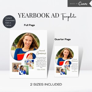 Plantilla AD del anuario, página completa, tarjeta fotográfica de anuncio de graduación, Canva de tributo de graduación editable, página del trimestre de tributo del anuario, anuario escolar