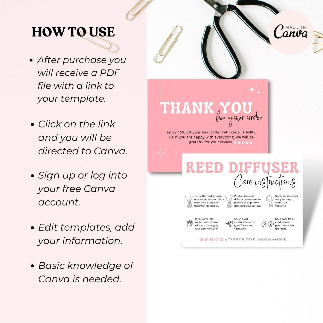 Printable Reed Diffuser Care Card, Editable Diffuser Instructions Label ...