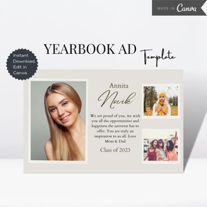 Jaarboek AD Tribute sjabloon, Senior Jaarboek AD, bewerkbare Canva Grad eerbetoon, middelbare school Grad AD halve pagina, Grad aankondiging fotokaart