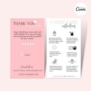 Editable Mini Candle Care Card Pink, Printable Candle Care Instructions, Black Candle Packaging Insert Card, Canva Candle Care Template 2