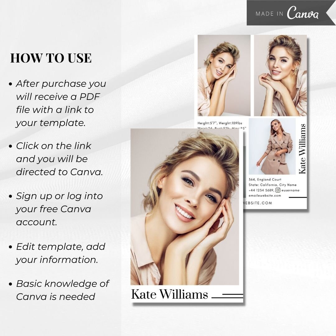 Modeling Card Design Modeling Photo Card Canva Template, Editable Fashion Model Zed Card ...