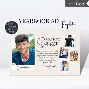 Jaarboek AD Tribute sjabloon, Senior Jaarboek AD, bewerkbare Canva Grad eerbetoon, Grad aankondiging fotokaart, middelbare school Grad AD halve pagina