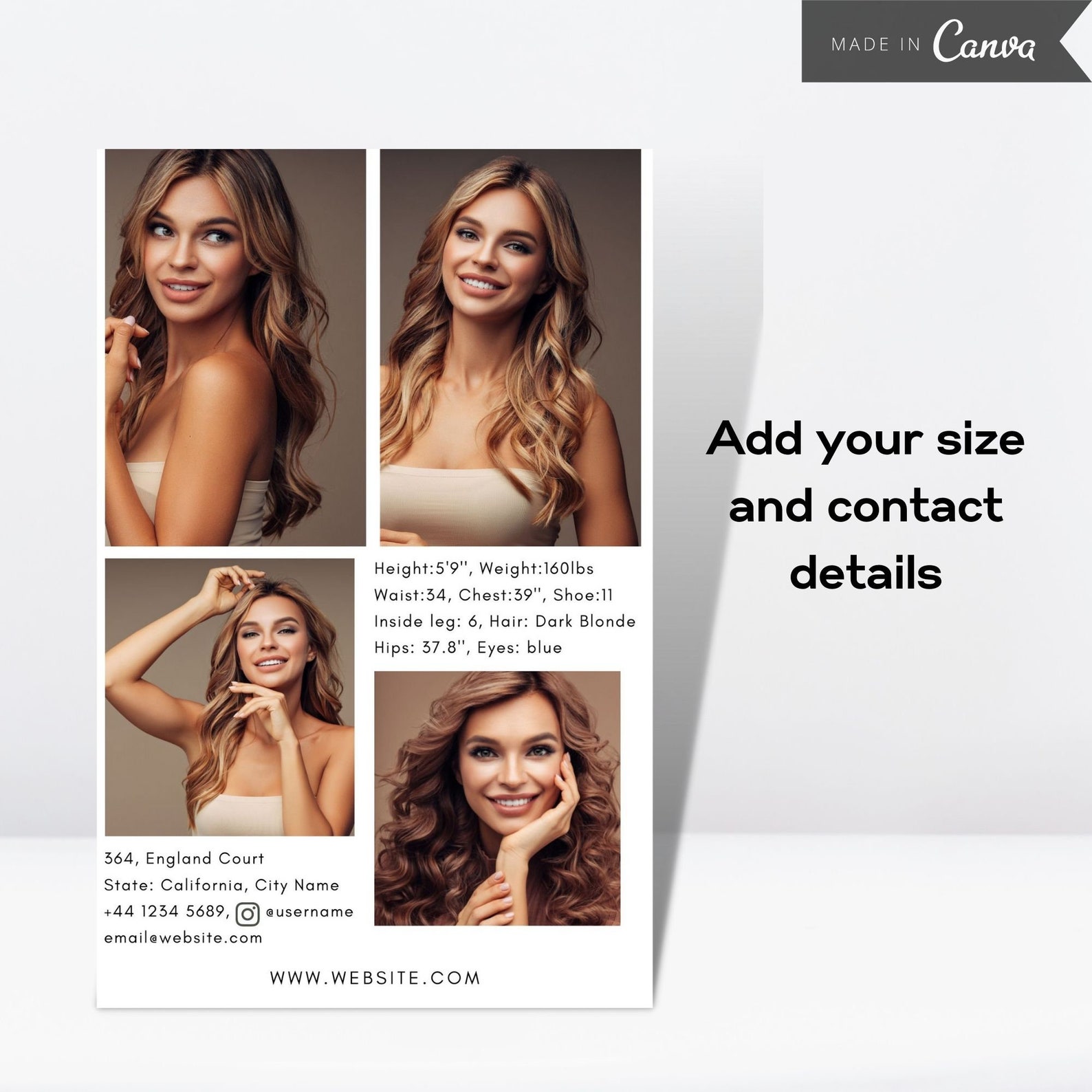 Comp Cards Modeling 10 Model Comp Card, Editable Fashion Model Zed Card, Model Portfolio ...