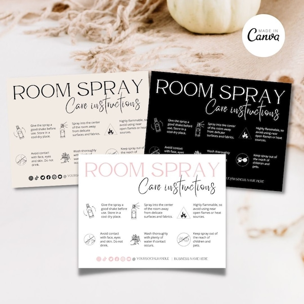 Room Spray Care Card Template, Editable Room Spray Care Instructions Label, Printable Spray Safety Guide, Air Freshener Spray Warning label