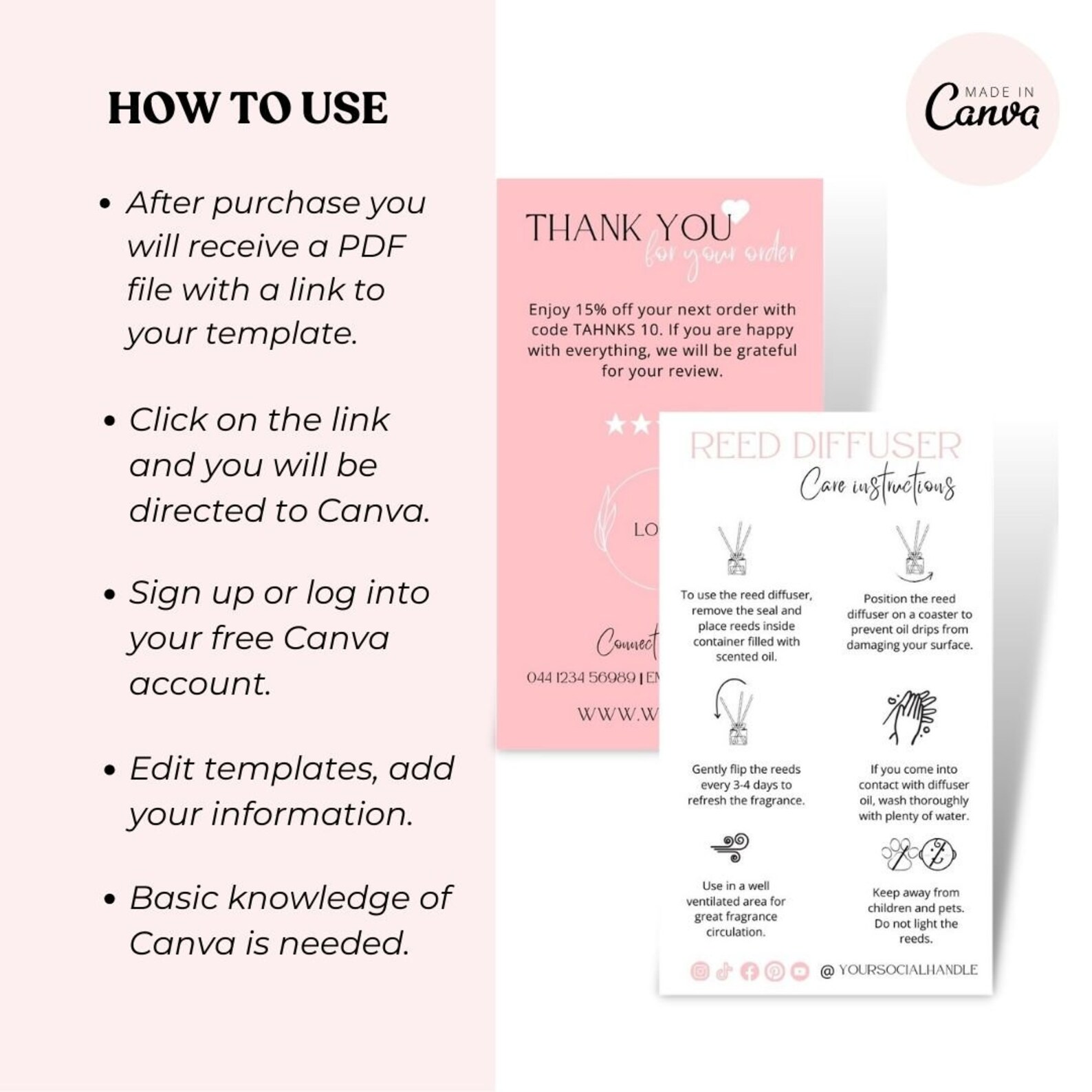 Mini Printable Reed Diffuser Care Card, Diffuser Instructions Label ...